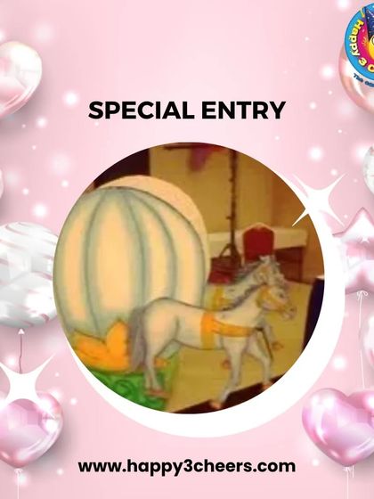 Making a grand entrance is part of the fun. I can arrange special entry props, like this fairytale horse and carriage cutout, to make the birthday child feel like the star of the show from the moment they arrive.