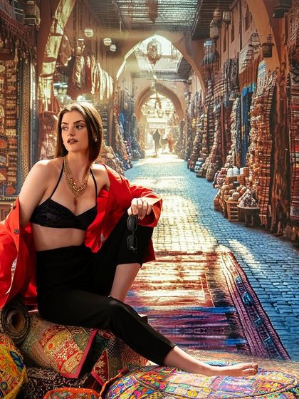 This bustling, colorful marketplace was created using projection, providing a rich and dynamic background. The technique allows me to place the model in a complex environment with perfect lighting control.