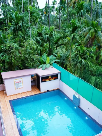 A direct overhead shot of the hotel's swimming pool. This clean, symmetrical view highlights the amenity itself and the lush, private environment surrounding it.