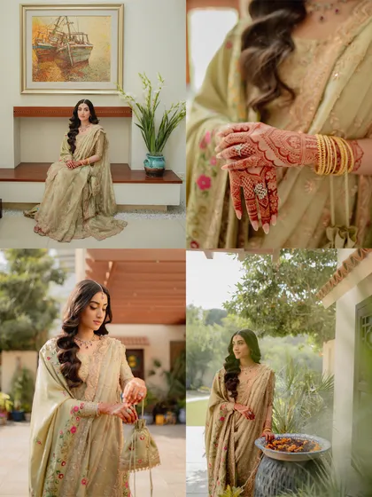 A collection of bridal portraits and details from an engagement day. This collage highlights the bride's stunning attire, the intricate henna design on her hands, and her graceful presence, telling the story of her preparation and beauty.