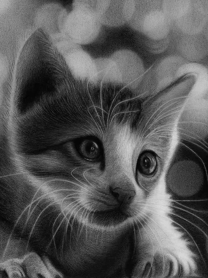 I also draw our furry family members. In this pet portrait of a kitten, I focused on capturing the life in its eyes and the soft texture of its fur using specialized pencil techniques, bringing its curious personality to the page.