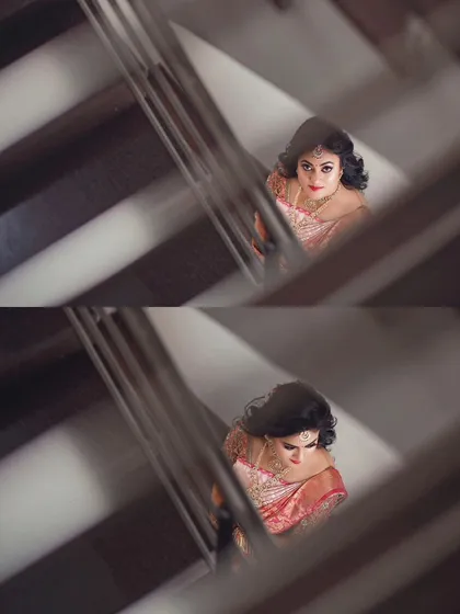 A creative portrait of the bride on a staircase, shot from a high angle to create a visually interesting composition.
