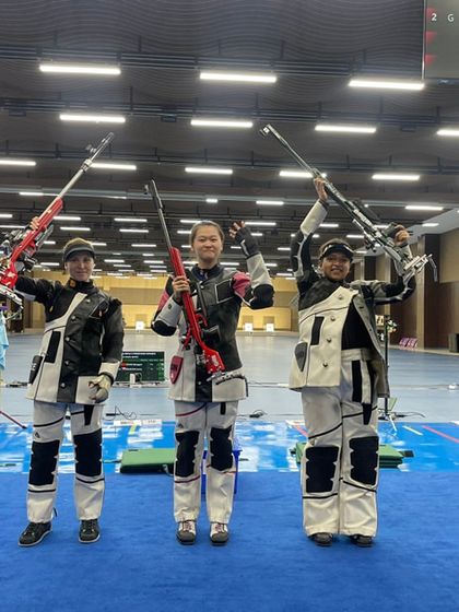 The winners of the women’s 50m rifle 3 positions event at the ISSF World Cup, with India's Sift Kaur Samra winning bronze.