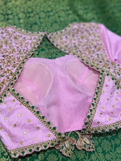 This collection showcases a variety of my custom blouse designs, from pastel engagement pieces to rich Kanjivaram pairings. Each one is uniquely crafted with different handwork techniques, fabrics, and cuts to match my client's vision.