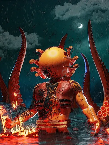 The 'Kraken' from the 'Octabots' NFT collection. I designed this sea monster with a menacing, axolotl-inspired head and massive tentacles, setting it in a stormy sea to create a scene of oceanic terror.