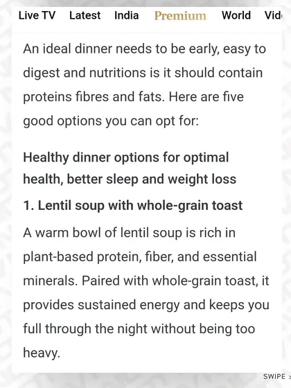One of my healthy dinner suggestions is lentil soup with whole-grain toast. This provides plant-based protein and fiber to keep you full.