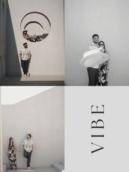 This four-part collage captures the cool, relaxed 'vibe' of a modern pre-wedding shoot, using black and white and minimalist compositions for an effortlessly chic look.