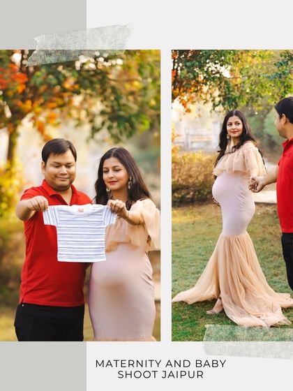 A collage showing a couple outdoors, one shot with them holding a tiny baby shirt and another in a romantic walking pose, perfect for announcing their journey.