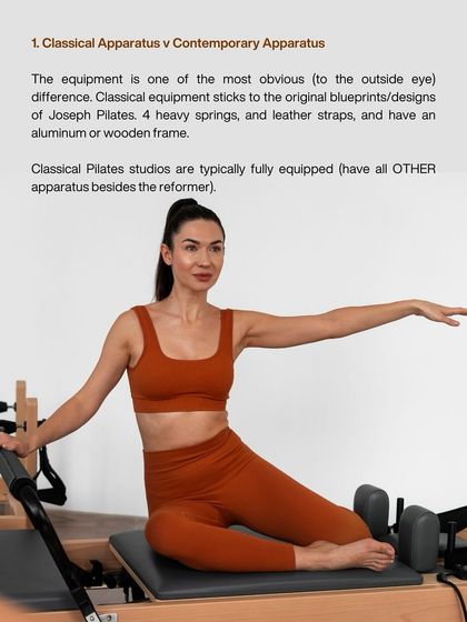 One key difference is the apparatus. Classical equipment sticks to Joseph Pilates' original designs with heavy springs and leather straps.