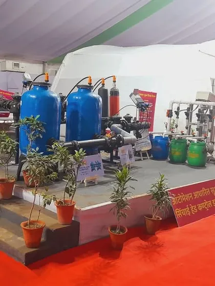 Our full demo setup at the Rajasthan Kisan Mahotsav, featuring solar panels, filtration tanks, and automated control units. This display provides a complete picture of a modern, sustainable farm irrigation system.