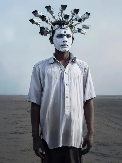 A man with a crown of CCTV cameras stands in a wasteland. A symbolic portrait about surveillance, power, and isolation.