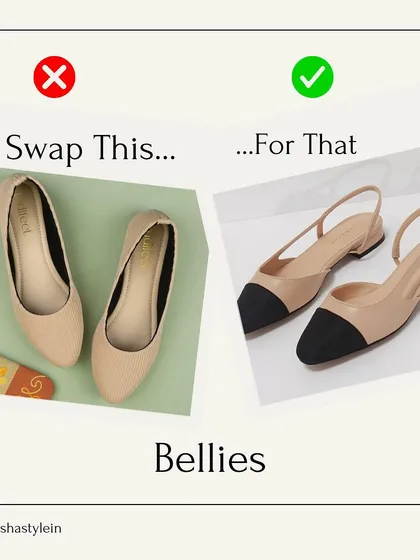 Ditch the basic, rounded-toe bellies for a chic, two-toned sling-back flat. This style is more sophisticated and adds a touch of elegance to any outfit.