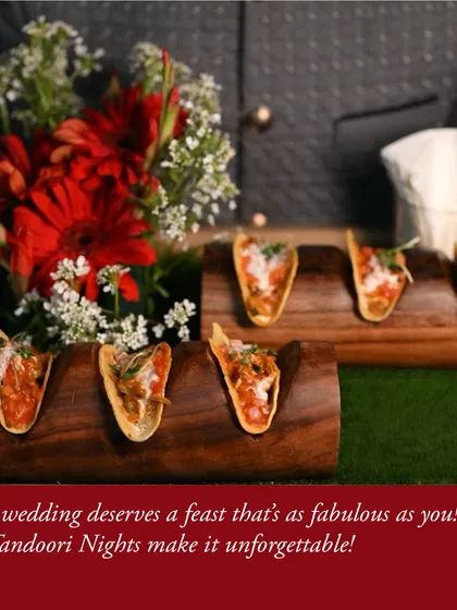 Your wedding deserves a feast that is as fabulous as you are. These mini tacos, filled with savory goodness, are artfully arranged on a wooden log for a rustic yet chic presentation.