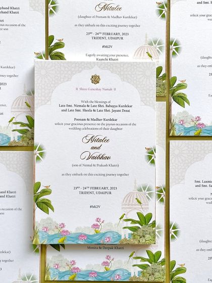 A full set of invitations for a vibrant wedding at the Trident, Udaipur. The design is filled with illustrations of the palace, lake, and local flora, all meticulously chosen in collaboration with the couple to reflect the beauty of Rajasthan.