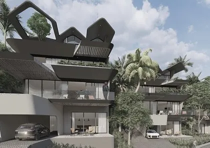 Inspired by a sloping mountain site overlooking the sea, our Dona Paula Masterplan features a string of tropical roofs that twist and fly out of the terrain. The shifting volumes and cantilevered pools create a dynamic form that feels both modern and rooted in the landscape.