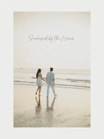 Sunkissed by the waves and walking into our future. A minimalist and romantic shot of a couple walking along the beach, perfect for a save-the-date announcement.