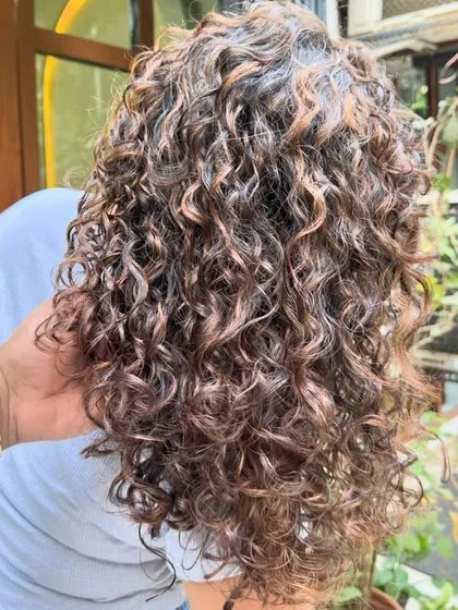 A collection of my other no-bleach balayage and color work, showcasing a variety of tones from subtle browns to vibrant reds on different curl types.