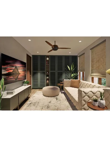 The media room concept for 'Residence at Hutchins', featuring a cozy quilted sofa and a statement green wardrobe.