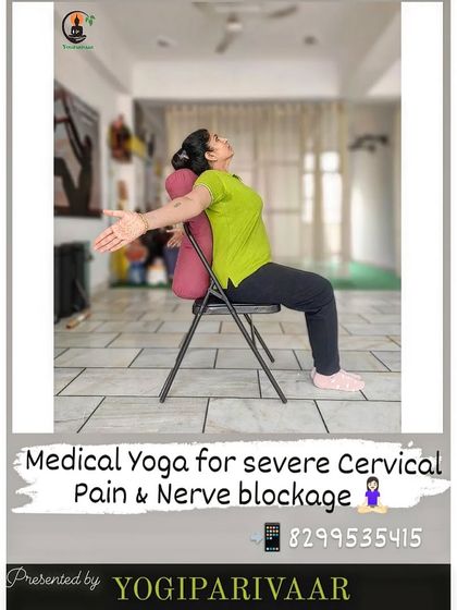 This is a specific setup for severe cervical pain and nerve blockage. Using a chair and bolster, we create a supported backbend that gently releases tension in the neck and upper spine without any strain.
