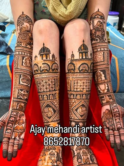 Another angle of the full bridal set, highlighting the symmetry and detail in the patterns on both the arms and legs.