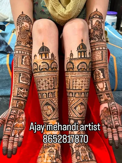 Another angle of the full bridal set, highlighting the symmetry and detail in the patterns on both the arms and legs.