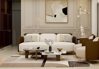 Another angle of the living room render, focusing on the comfortable sofa arrangement and abstract art. The design balances neutral tones with pops of color from the furniture, creating a warm and inviting atmosphere.