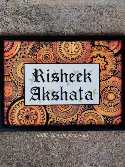 A custom mandala nameplate created for a client in Singapore. I combine intricate doodle-style mandalas with elegant calligraphy to create a personalized piece of art that welcomes you home.