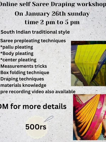 A flyer for an online self-saree draping workshop, perfect for beginners who want to learn to drape on their own.