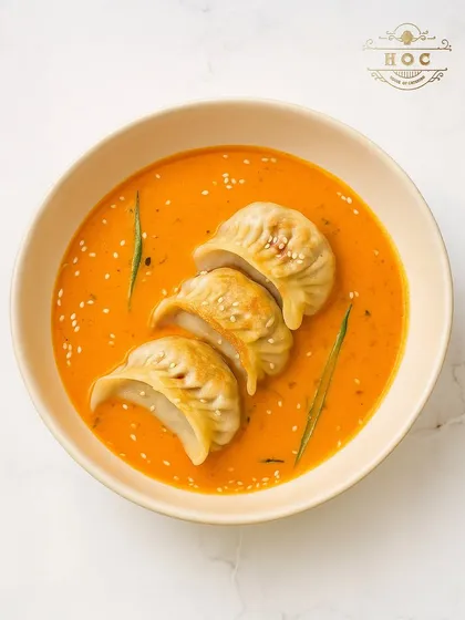 We present even the most beloved comfort foods with elegance. These perfectly steamed momos are served in a flavourful, savory broth, garnished with sesame seeds for a refined take on a classic dish.