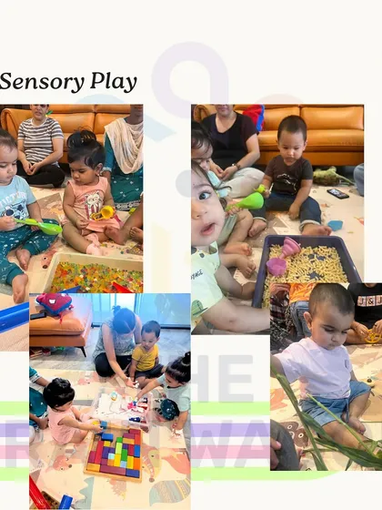 Our sensory play stations are designed for curious hands and minds. Toddlers explore different textures like water beads, pasta, and grass, which helps build new pathways in the brain.
