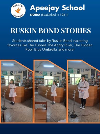 Our students delved into the world of Ruskin Bond, narrating favorites like "The Tunnel" and "The Blue Umbrella." This collage showcases multiple students at the podium, each bringing a different story to life with their unique style.