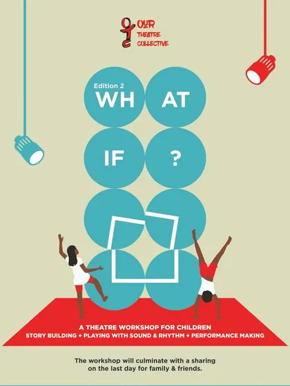 The poster for "What If?", a week long theatre workshop for children aged 7-10, conducted by Our Theatre Collective. The workshop focused on story building, sound, rhythm, and performance making.