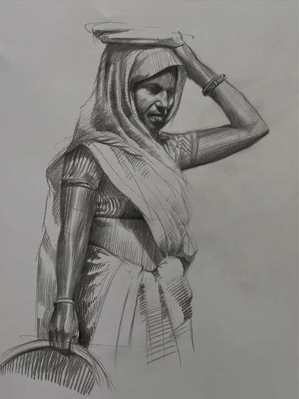 A figure sketch focusing on posture, weight, and the texture of fabric. In my figure drawing classes, we practice capturing the human form with confident, descriptive lines to make our sketches feel dynamic and real.