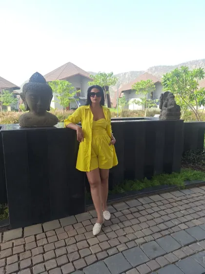 Sunshine wherever I go. This bright yellow co-ord set with shorts and a matching shirt is perfect for a sunny day or a vacation.
