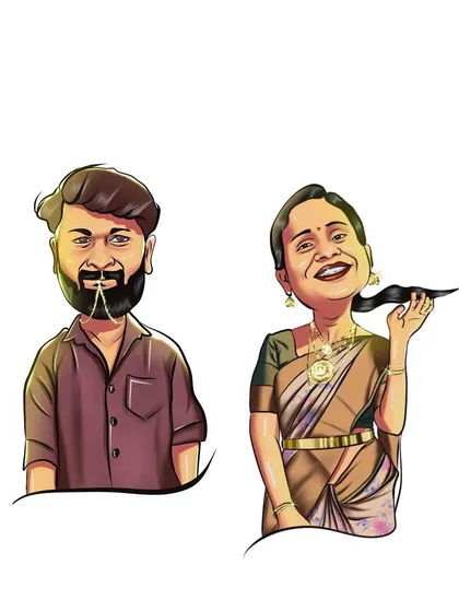 A playful couple's caricature created as part of a large friendship portrait. I focused on their fun personalities, from the playful hair flip to the details in the traditional jewelry.