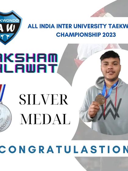 Saksham Ahlawat with his Silver Medal from the All India University Taekwondo Championship 2023.