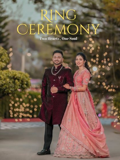 A picture-perfect portrait of Alankrit and Parul at their ring ceremony. Standing amidst a beautifully lit garden, they embody the phrase "Two Hearts, One Soul."