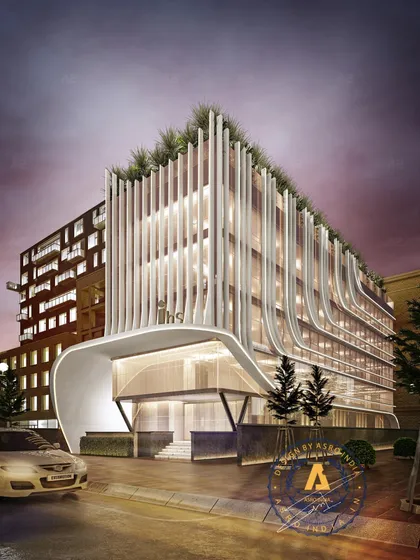 Facade Seven of our Commercial Architecture Series, a multistorey workplace on Dwarka Expressway. The design showcases fluid lines crafted with aluminum fins and full ceiling glass in a pristine white palette, radiating sophistication.