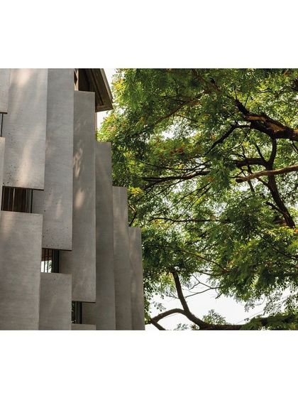 A detail shot looking up at the concrete fins against the backdrop of a rain tree. This image captures the essence of the design: the juxtaposition of heavy, man-made material with the organic form of nature.