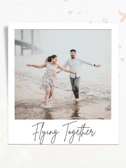 A fun, dynamic shot of a couple running freely on the beach, framed like a polaroid. This image captures a feeling of carefree joy and adventure, showing that pre-wedding shoots can be playful and full of movement.