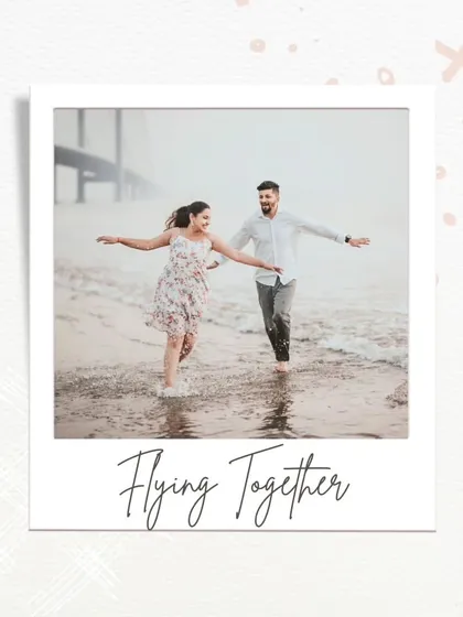 A fun, dynamic shot of a couple running freely on the beach, framed like a polaroid. This image captures a feeling of carefree joy and adventure, showing that pre-wedding shoots can be playful and full of movement.