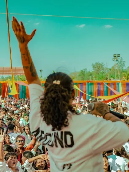 Another perspective of me addressing the massive Holi crowd from the stage.