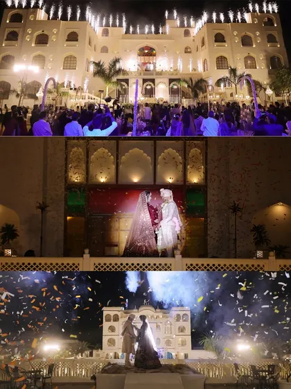 A collage capturing the grandeur of a destination wedding in Jaipur, with fireworks and a stunning palace backdrop.