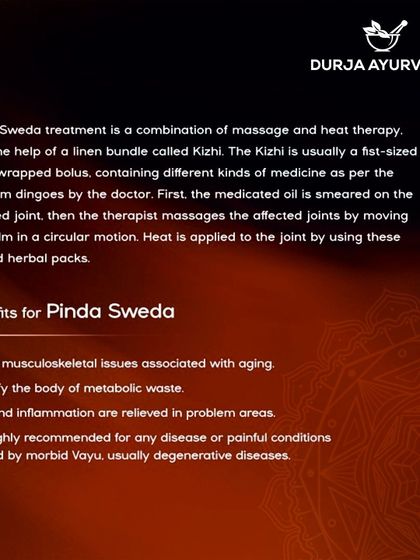 Pinda Sweda is a unique therapy combining massage and heat to treat age-related musculoskeletal issues. Heated herbal packs are applied to joints to relieve pain, reduce inflammation, and detoxify the body.