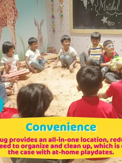 A happy group of kids in the sandpit. This is a core part of the Tugbug experience, offering a convenient and fun playdate option.