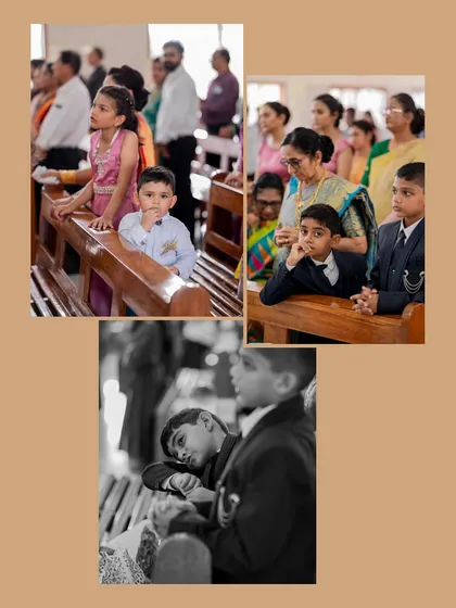 A heartwarming collage of the young guests watching the wedding ceremony with curiosity and wonder from the church pews.