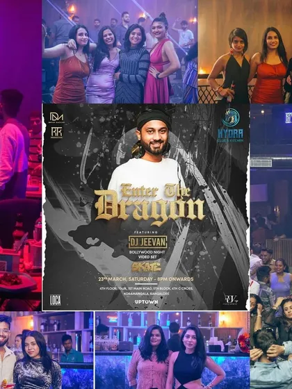 A collage from my "Enter The Dragon" themed night at Hydra Club. It shows me at the console, along with shots of the stylish crowd and packed venue.
