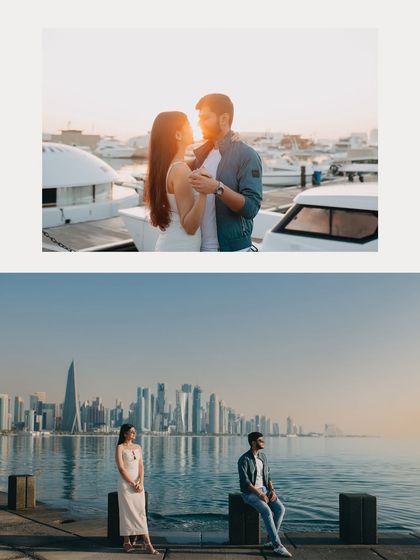 A diptych from Harshit and Vasudha's pre-wedding shoot in Qatar. It captures both the stunning city skyline and an intimate, sun-kissed moment on a yacht, showcasing a modern and luxurious love story.
