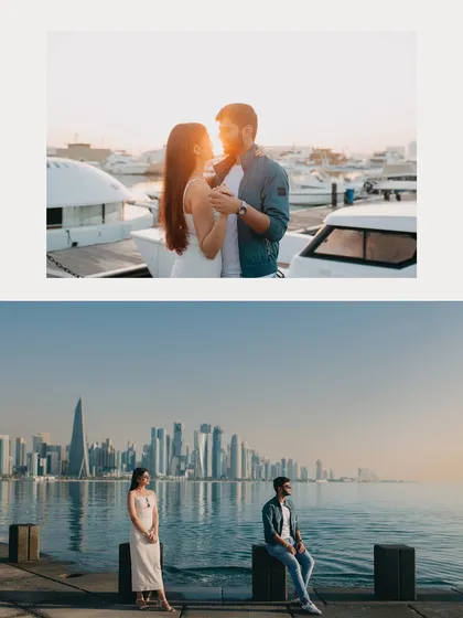A tale of two scenes in Qatar: a golden hour kiss by the marina and a thoughtful pose against the Doha skyline. We capture diverse moods within a single destination shoot.