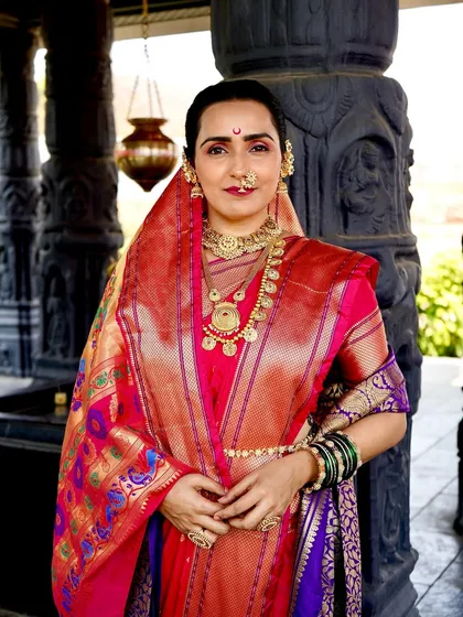 I'm proud to offer a beautiful collection of traditional Maharashtrian Navari sarees. This look, complete with authentic jewellery, is perfect for celebrating our rich heritage with grace and style.